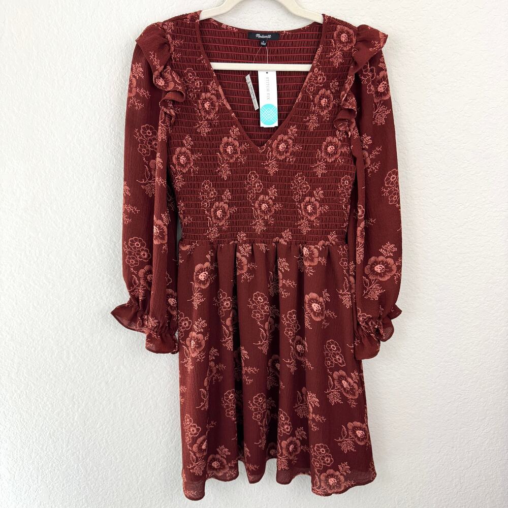 Madewell Womens Lucie V Neck Smocked Mini Dress Sz S Letterpress Floral Dark Red